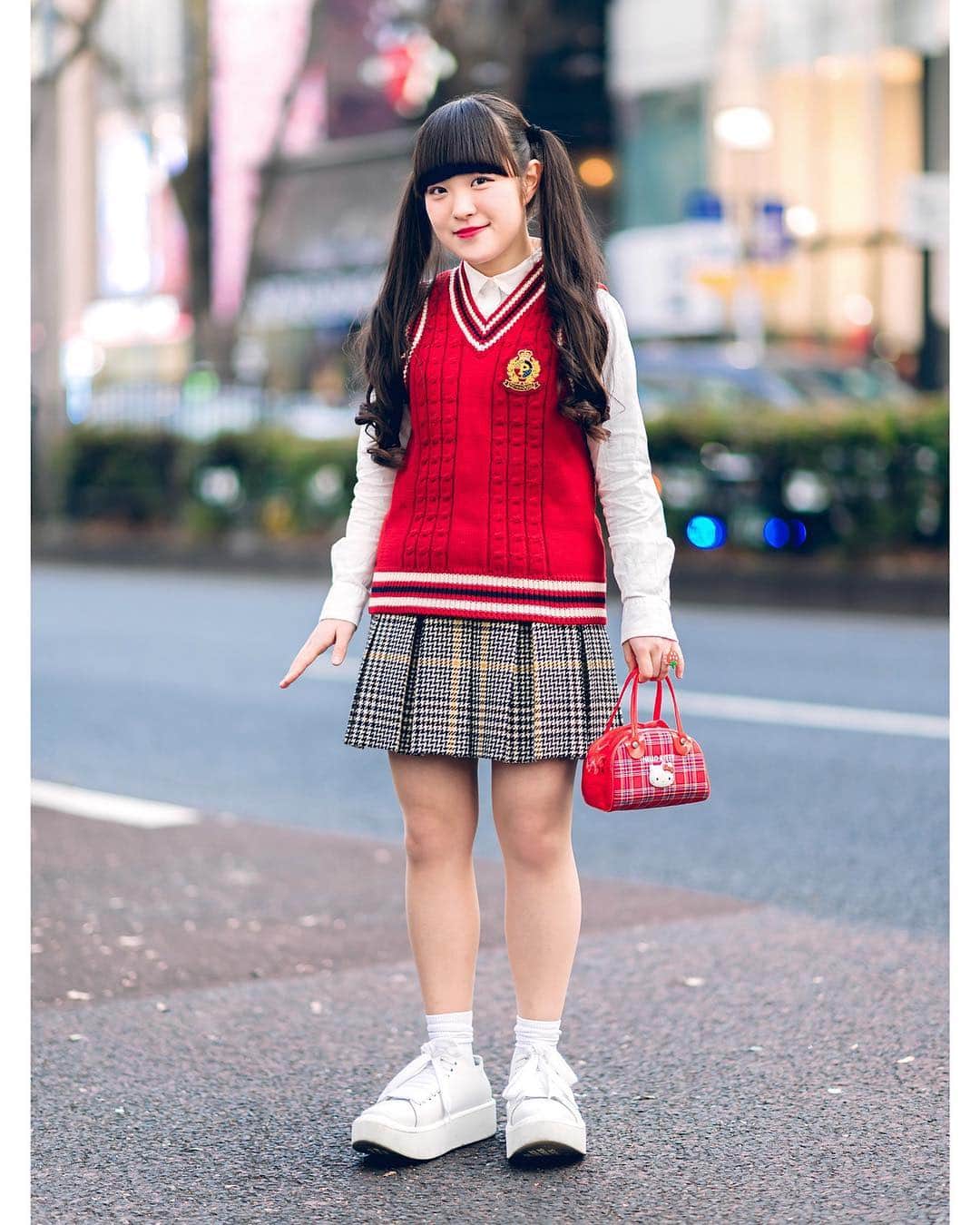Harajuku Japanさんのインスタグラム写真 - (Harajuku JapanInstagram)「17-year-old Japanese high school student Miori (@miori06kidz) on the street in Harajuku wearing a Pink House knit vest over a Pink House shirt, a plaid skirt from Blue Label, a vintage Hello Kitty plaid handbag, strawberry ring, and Tokyo Bopper shoes.」4月15日 3時25分 - tokyofashion