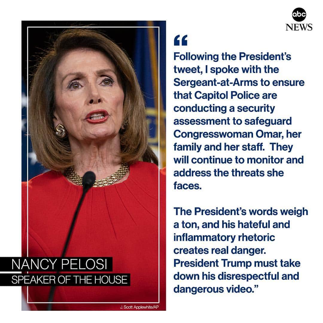 ABC Newsさんのインスタグラム写真 - (ABC NewsInstagram)「JUST IN: Speaker Nancy Pelosi calls on Pres. Trump to take down Rep. Ilhan Omar video he posted to Twitter, expressing concern about Omar’s safety. 🔹 “The President’s words weigh a ton, and his hateful and inflammatory rhetoric creates real danger.” #speaker #politics #statement #news #abcnews」4月15日 3時49分 - abcnews