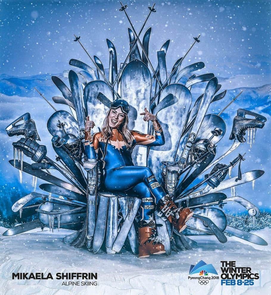 ミカエラ・シフリンのインスタグラム：「Remember watching the last episode of GOT season 7 and thinking “NOOOO WHY DO WE HAVE TO WAIT SO LONG FOR 8😩😩😩!!!” Well guess what? 8 starts TONIGHT and it’s giving me all the feels and also bringing back memories of that one time I got to sit on an “iron throne.”😂 @nbcolympics #gameofthrones #GoT」