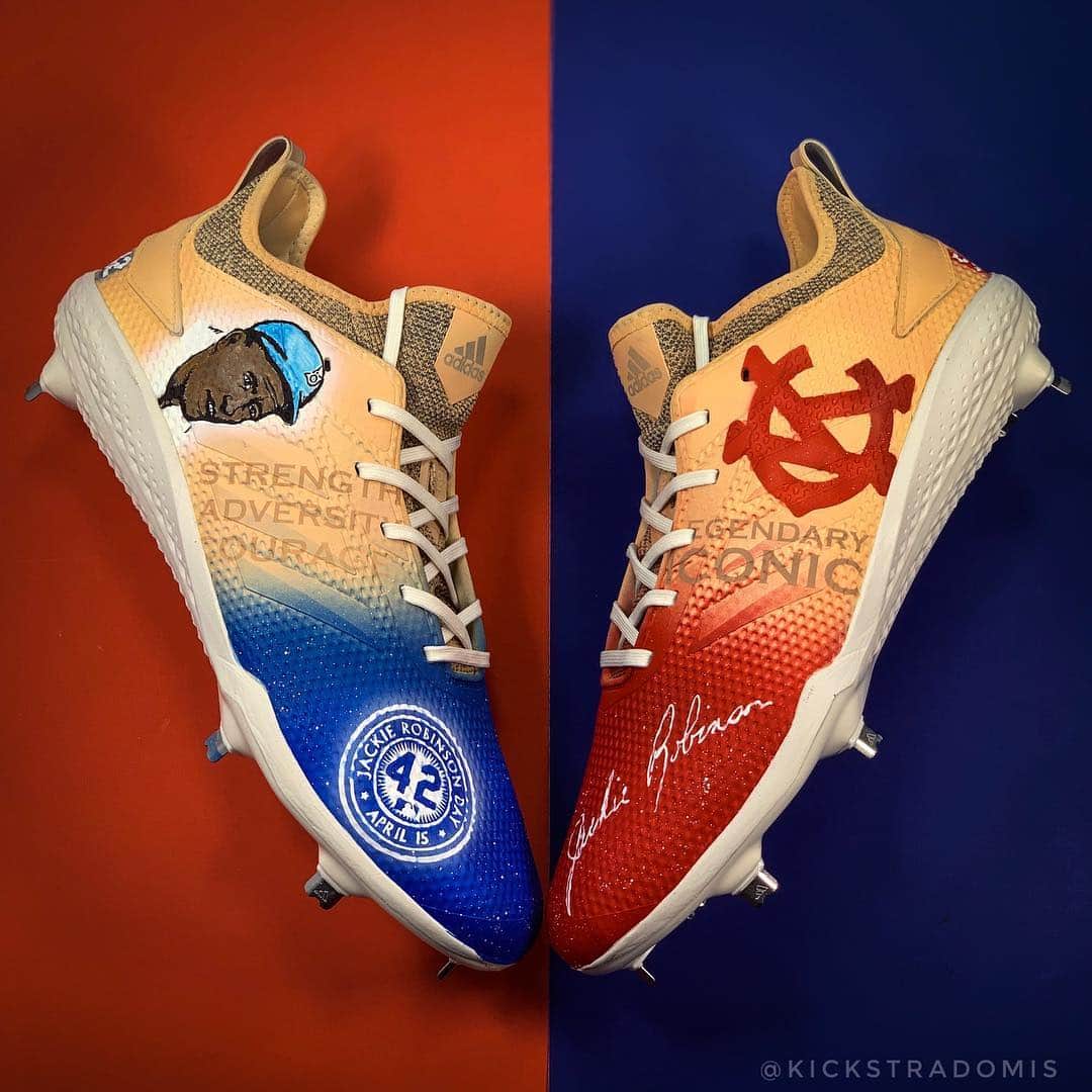 デライノ・デシールズ・ジュニアのインスタグラム：「I’ll be rocking these 1 of 1 #JackieRobinsonDay cleats created by my boy @Kickstradomis for tomorrow’s game, who’s going to be there? #42」