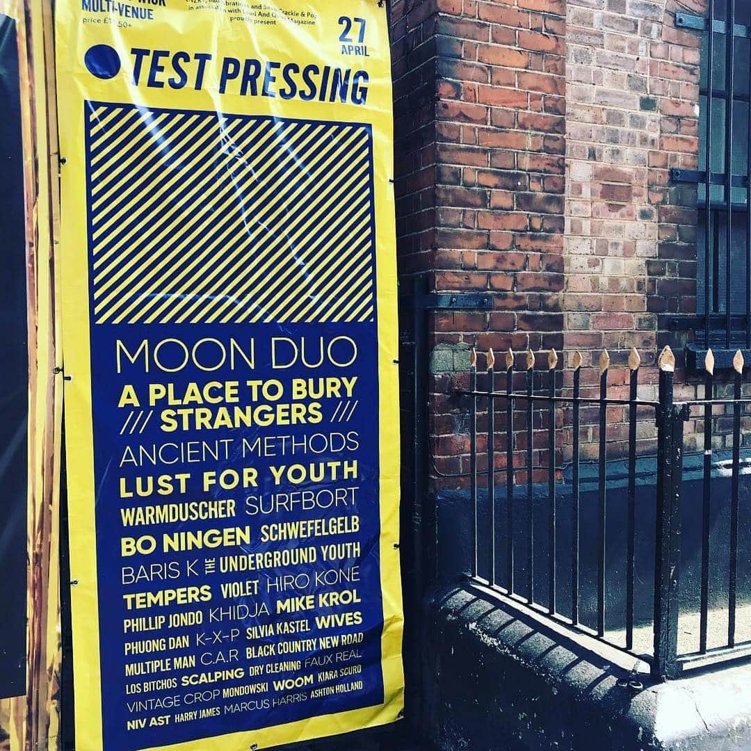 A Place to Bury Strangersのインスタグラム：「#Repost @testpressingfestival with ・・・ Our shiny new Test Pressing 2019 banner is up outside @mothclub - less than 2 weeks to go! Final tickets available via the link in our bio ⚡️⚡️⚡️」