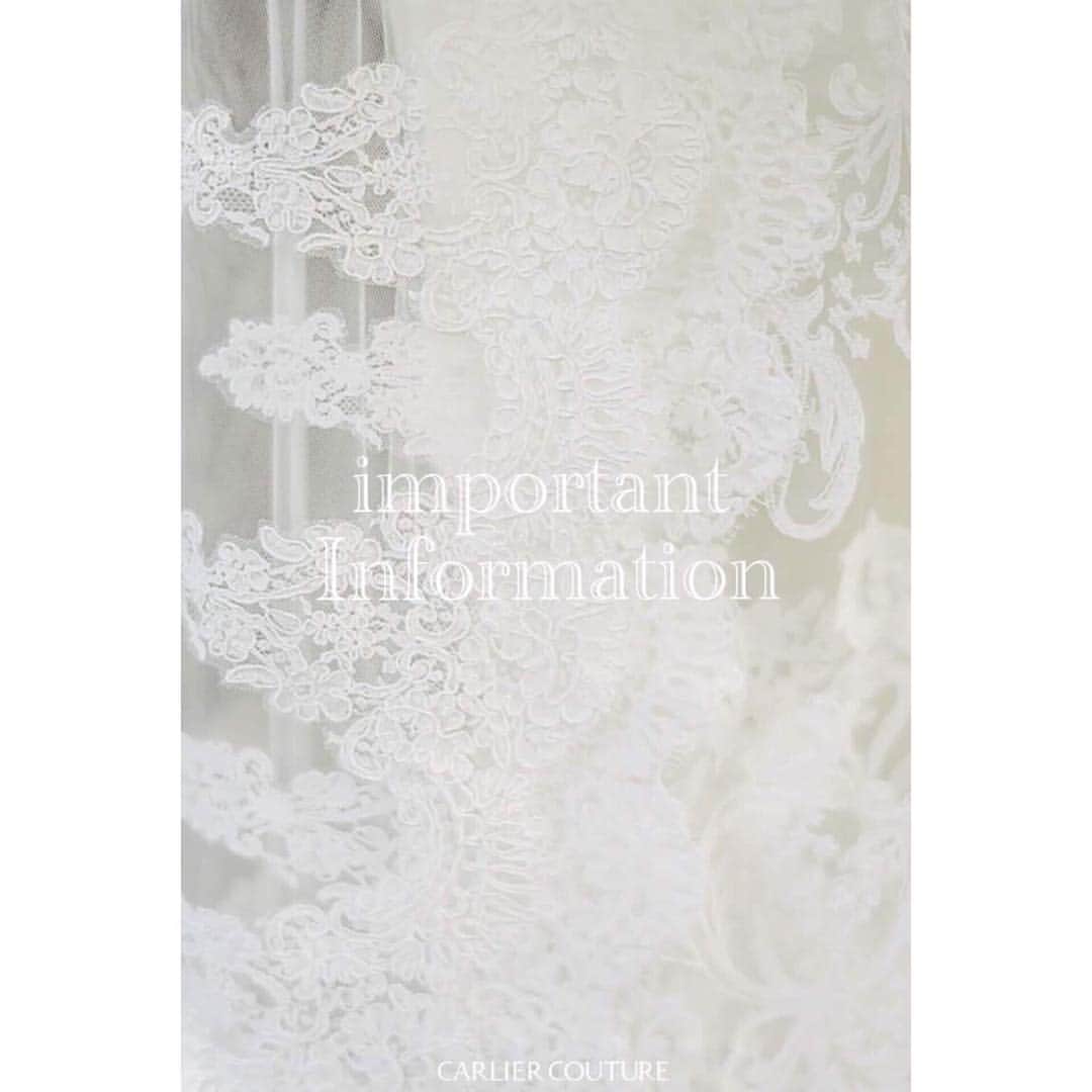 のインスタグラム：「. 【Carlier Couture info】 🌿spring information🌿 . いつもCarlier Coutureのアカウント、 HPを見て頂き、誠にありがとうござます。 . 現在、ありがたいことに夏〜秋の花嫁さまから のお問い合わせを沢山頂いております。 順にご返答致しておりますが、3日経っても 返信がない場合は恐れ入りますが、 再度お問い合わせくださいませ。 . また、土曜のアポイントは 大変混み合ってまいりました。 4月土曜のアポイント空き枠は残り わずかとなっておりますので、お急ぎの方は お早めにご検討いただきますよう お願い申し上げます。 また、4月より平日のアポイントが可能となり、 ▶︎▶︎当面は金曜日もアポイントDAY☕︎ とさせて頂くこととなりました。 合わせてご検討くださいませ＊ . . 【Carlier Couture オーダー状況】 🌿6月のご納品 アイテムによって、もしくは セミオーダーご対応可能 / 要問い合わせ . 🌿夏挙式の花嫁さま まだ若干の空きがございますが、 早めのご相談をお勧め致します。 . 🌿ウェディングアクセサリーのみのオーダー 現在ストップしております . 🌿フォーマルドレスのオーダー 正式発注より製作期間3ヶ月頂いております . . . お問い合わせはHPの contactからお気軽にどうぞ♪ .」