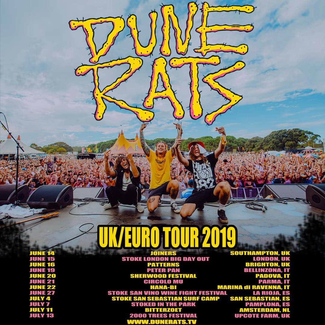 Dune Ratsさんのインスタグラム写真 - (Dune RatsInstagram)「UK/ EUROPE WE’RE STOKED TO BE COMING BACK!!! WE PLAYING A BUNCH OF FESTIVALS/ A COUPLE HEADLINE SHOWS AND FILMING A BUNCH FOR NEW DUNIES TV!!! TIX ON SALE WEDNESDAY 10AM SEE YA THERE WITH YOUR MATES」4月15日 19時15分 - dunerats
