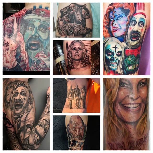 ロブ・ゾンビのインスタグラム：「A variety of 1000 Corpses and Rejects tattoos. #robzombie #sherimoonzombie #billmoseley #sidhaig #drsatan #houseof1000corpses #thedevilsrejects」