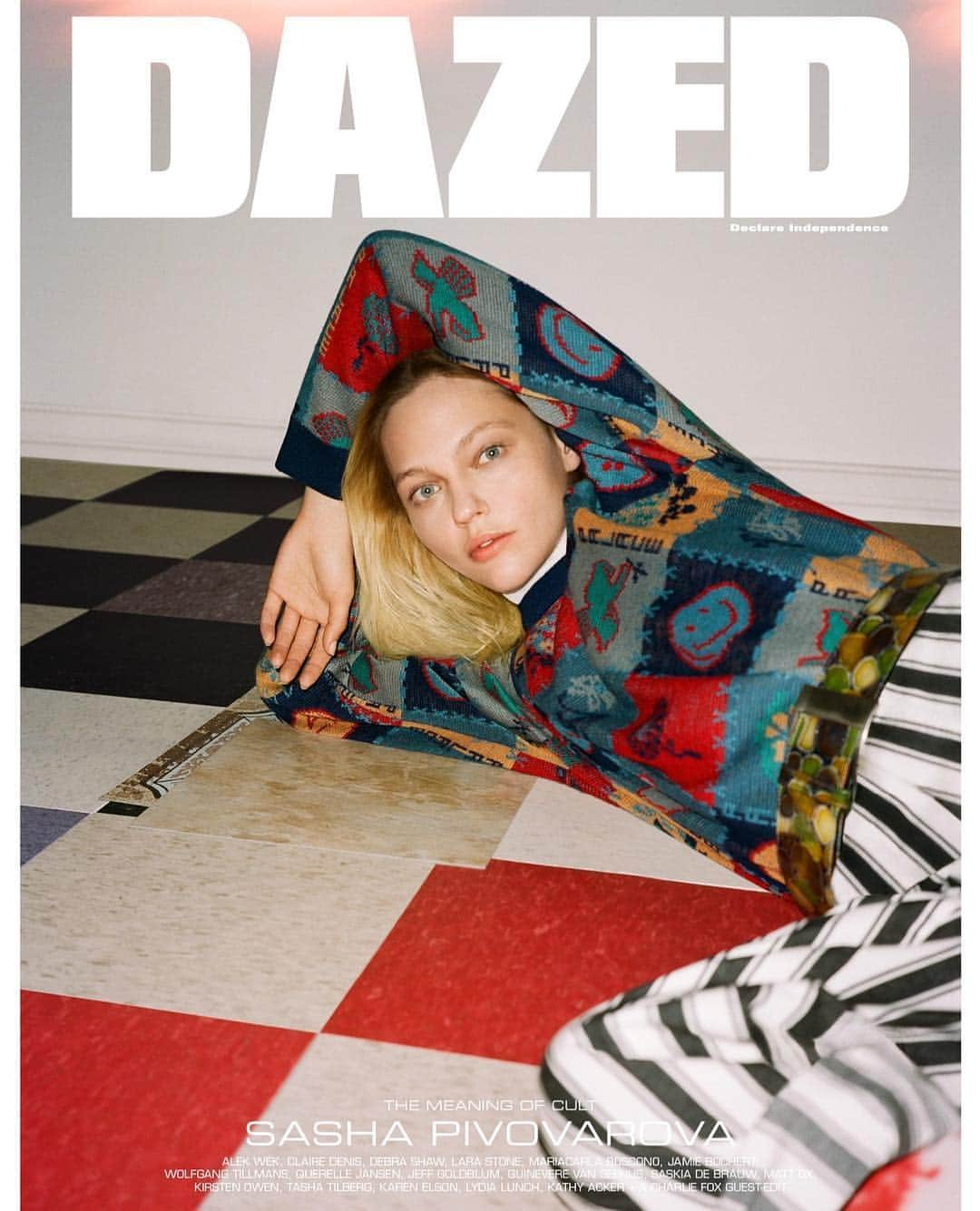 Dazed Magazineさんのインスタグラム写真 - (Dazed MagazineInstagram)「🎯THE MEANING OF CULT: SASHA PIVOVAROVA BY BEN TOMS 🎯⁣⠀ ⁣⠀ What does it mean to have cult appeal? Our new spring/summer 2019 issue unravels this question, bringing together era-defining icons with the essential imagemakers of today. COMING SOON.⁣⠀ ⁣⠀ Photography @ben_toms⁣⠀ Styling @agata_belcen⁣⠀ Hair @jawaraw⁣⠀ Make-up @yumilee_mua⁣⠀ Set design @andyharman⁣⠀ Casting @noahtshelley⁣⠀ ⁣⠀ @sasha_pivovarova wears wool jumper @palaceskateboards, silk top worn underneath @anndemeulemeester, striped trousers @carharttwip, vintage belt @contemporarywardrobe, tie-dye tights @c.calderonasensio⁣⠀ ⁣⠀ Taken from the spring/summer 2019 #TheMeaningOfCult issue of #Dazed⁣⠀ ⁣⠀」4月16日 5時01分 - dazed