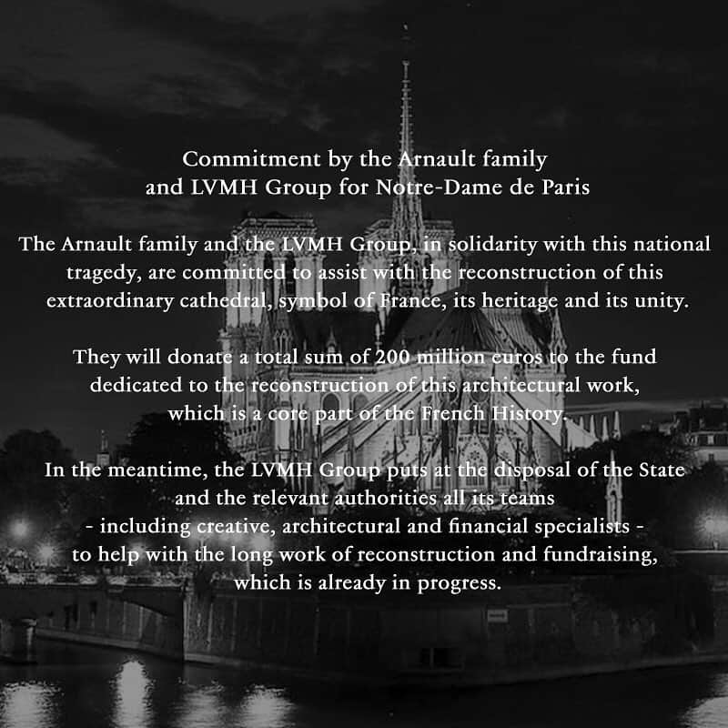 DFS & T Galleriaさんのインスタグラム写真 - (DFS & T GalleriaInstagram)「In the wake of this national tragedy, the Arnault family and the @LVMH Group pledge their support for #NotreDame. They will donate a total of 200 million euros to the fund for reconstruction of this architectural work, which is an integral part of the history of France.」4月16日 18時41分 - dfsofficial