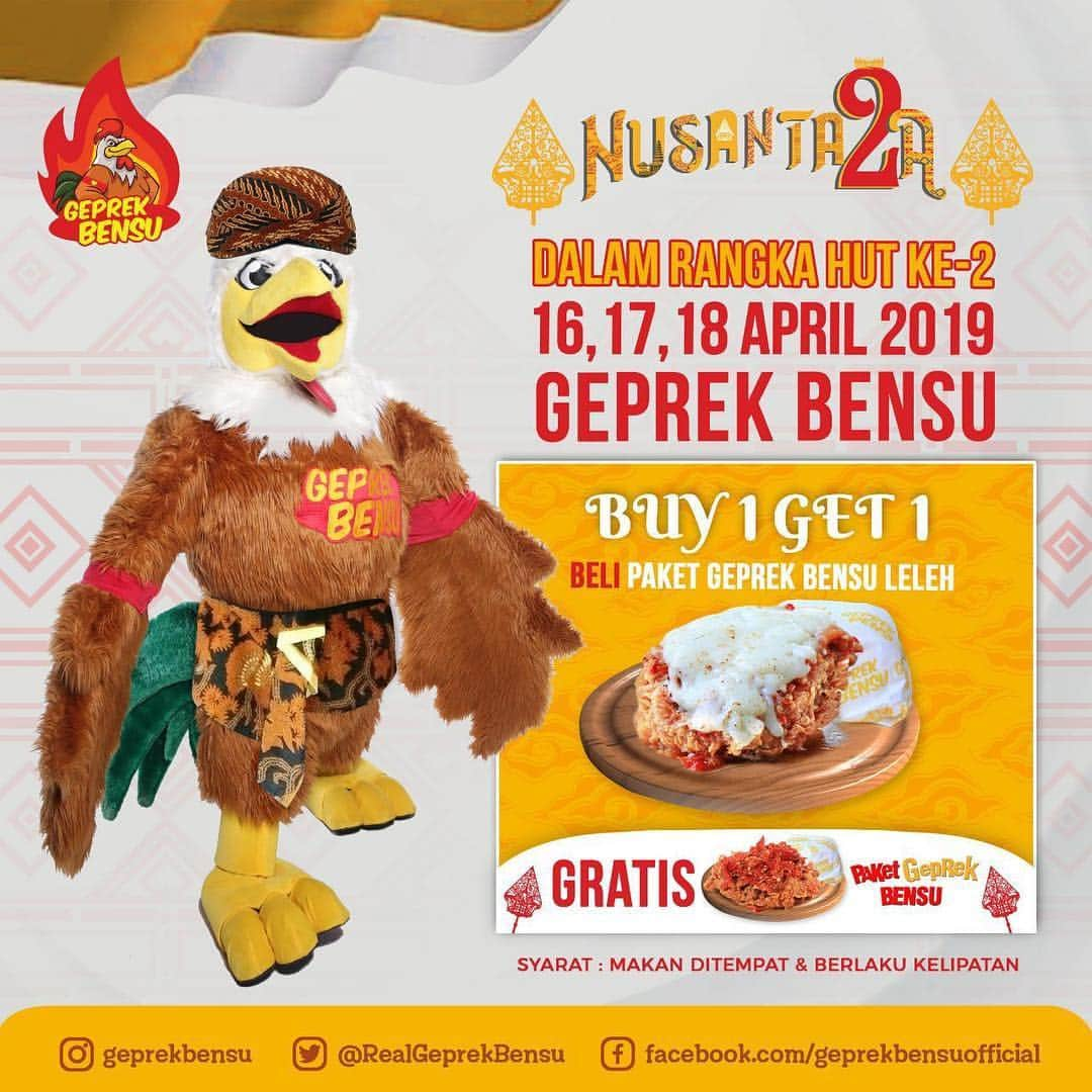 Ivan Gunawanさんのインスタグラム写真 - (Ivan GunawanInstagram)「HARI INI Buy 1 Get 1 hadir kembaliiiii ❣ . .  Untuk memperingati HUT KE-2 dari @Geprekbensu pada tanggal 17 April nanti. Dapatkan promo menarik mulai dari tanggal 16,17,18 April 2019. . . Beli 1 paket Geprek Bensu Leleh GRATIS 1 Paket Geprek Bensu . . Ingat hanya 2 kata, GEPREK BENSU yg Real by Ruben Onsu . *Promo ini berlaku kelipatan *Hanya untuk makan di tempat」4月16日 11時02分 - ivan_gunawan