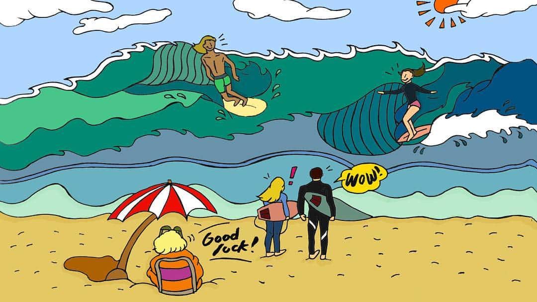 nanamyのインスタグラム：「Loving the blue sky days that bring a bit early summer atmosphere 🌊🌊🌊💙☁️☁️ my recent favorite drawing for the YouTube channel cover and non used logo. inspiration from relaxing Chiba Minamibousou trip とっても笑える"Surfing TV"というYouTubeのカバーとロゴを描きました、寝れない時みるのがおすすめだそう、めぐちゃんありがとう〜！」
