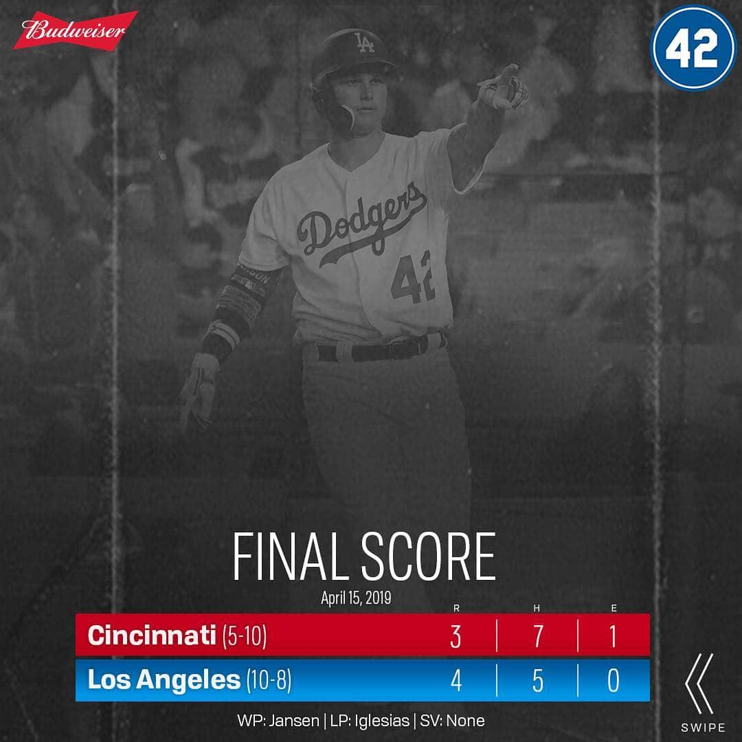 Los Angeles Dodgersさんのインスタグラム写真 - (Los Angeles DodgersInstagram)「RECAP: @claytonkershaw tosses seven strong innings and @yungjoc650 walks it off in the ninth on Jackie Robinson Day in 4-3 victory over Reds. #Jackie42 🔗: Dodgers.com/news」4月16日 15時25分 - dodgers