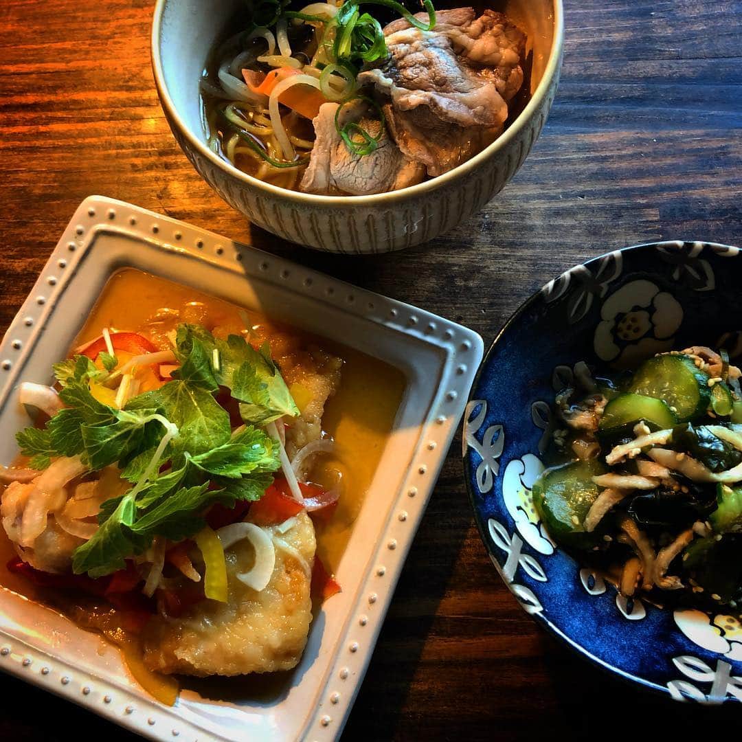 新井美穂さんのインスタグラム写真 - (新井美穂Instagram)「今夜は、カレイの#南蛮漬け と鶏皮きゅうり揉みとラーメン🍜 「うざく」大好物の娘の為に、今まで鰻使って家に常備していたけど 鶏皮でも全然いけるらしい。わーい！これからは大幅#コストダウン で鰻じゃなく鶏皮で#きゅうり揉み  保育園からの帰り道、サラリーマンらしき男性2人が大阪の話をしていたみたいで 突然「ハレちゃんも大阪行ったんだよー」と話しかける娘（笑） 身体が大きい方ではないので、見た目完全幼児に普通に話しかけられたまげる2人。失礼しました〜😅（笑）#人見知りなし #娘2歳10ヶ月#お家ご飯#夜ご飯#オリジナルレシピ#よく食べる娘#食欲旺盛」4月16日 19時23分 - arai_miho