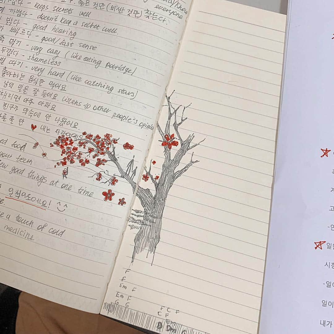 アンジェリーナ・ダニロヴァさんのインスタグラム写真 - (アンジェリーナ・ダニロヴァInstagram)「When you should be focusing on learning Korean, but 벚꽃🌸[bbeotkkot] blossoming cherry trees are calling you..reminding you how fast they will disappear and that you have almost no time left to witness it.. So they just appeared in my notebook somehow. 혜나선생님 사랑합니다~ 잘 부탁드립니다! 제가 요즘 많이 바쁘지만 앞으로도 늦지 말고 숙제를 꼭 하고 혜나선생님 수업에 자주 올거에요!」4月16日 20時33分 - angelinadanilova