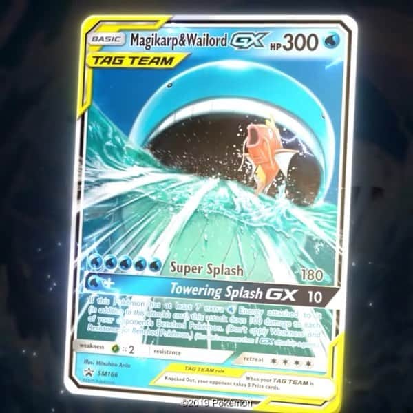 のインスタグラム：「The TAG TEAM duos have one stellar Water-type team: Magikarp & Wailord.  This colossal pair boasts a ridiculously high HP of 300, one of the highest HP stats in the #PokemonTCG!」