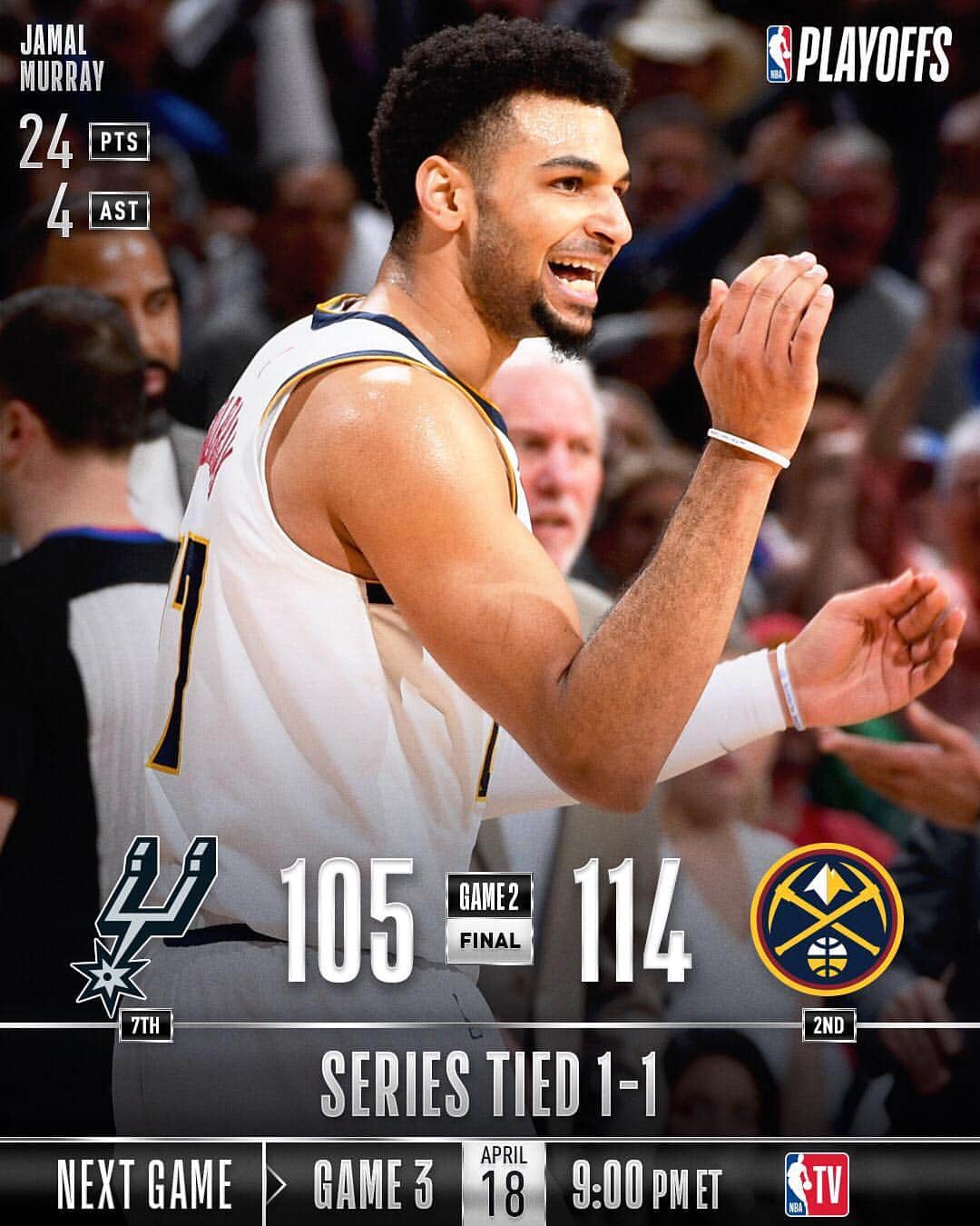 NBAさんのインスタグラム写真 - (NBAInstagram)「The @nuggets even their series with the @spurs 1-1 on 114-105 home W! #NBAPlayoffs」4月17日 12時36分 - nba