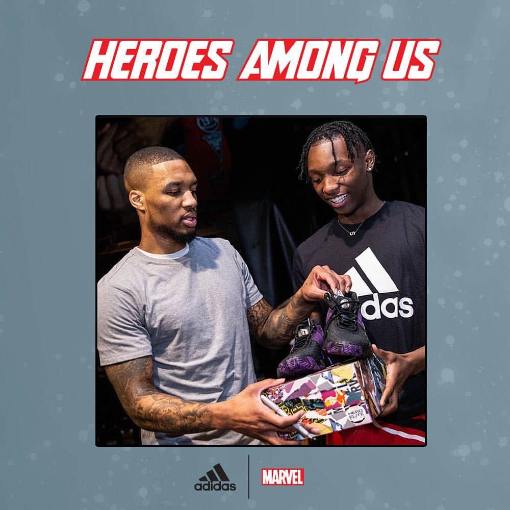 のインスタグラム：「@damianlillard partnered with @adidashoops and @footlocker to gift an unsuspecting member of his RESPECT program the #adidas  x #marvel Dame 5 “Black Panther” and tickets to tonight’s playoff game!  Students within the program have been excelling in the classroom and are leaders in the Portland community. As Oregon has one of the worst graduation rates in the country, Lillard has been working closely with Portland high schools to promote respectful behavior by incentivizing youth to Show Up, Work Hard and Be Kind. Heroes definitely exist!」