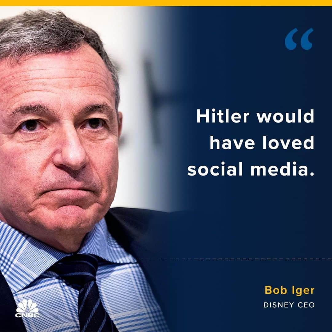 CNBCさんのインスタグラム写真 - (CNBCInstagram)「Disney CEO Bob Iger just delivered a scalding rebuke of social media.⁣ ⁣ “Hitler would have loved social media,” Iger said, according to Variety. “It’s the most powerful marketing tool an extremist could ever hope for...”⁣ ⁣ Iger lambasted social media for creating an echo chamber that prevents people from being exposed to other perspectives.⁣ ⁣ “It creates a false sense that everyone shares the same opinion,” Iger said, according to Variety.⁣ ⁣ His criticism follows that of regulators and lawmakers around the world. ⁣ ⁣ Details, at the link in bio. ⁣ *⁣ ⁣ *⁣ *⁣ *⁣ *⁣ *⁣ *⁣ *⁣ #quotes #quoteoftheday #quotetoliveby #quotestagram #quotesoftheday #wordsofwisdom #wordstoliveby ⁣」4月17日 5時46分 - cnbc