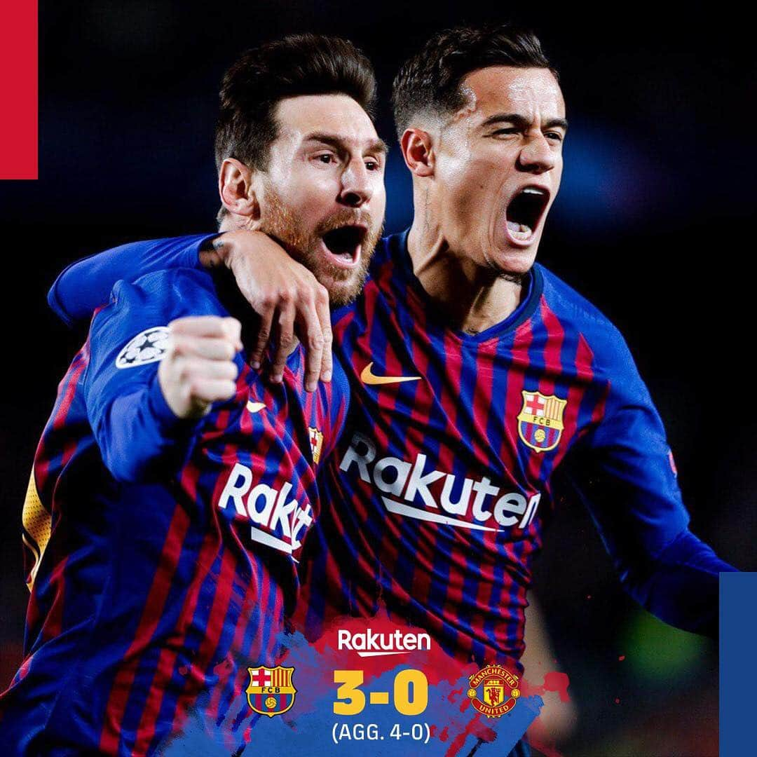 FCバルセロナさんのインスタグラム写真 - (FCバルセロナInstagram)「🤩 SEE U IN THE SEMIS! ⚽ FC Barcelona 3–0 Manchester United (agg. 4-0) 👟 Messi x2 & Coutinho 🔵🔴 #BarçaMUFC  #WeColorFootball」4月17日 5時55分 - fcbarcelona