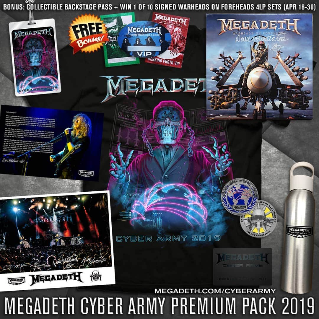 Megadethさんのインスタグラム写真 - (MegadethInstagram)「Sign up for a Megadeth Cyber Army Premium Membership April 16-30 and receive a bonus collectible backstage pass + be entered to win 1 of 10 signed WARHEADS ON FOREHEADS 4LP Vinyl sets! megadeth.com/cyberarmy (link in bio) . #Megadeth #MegadethCyberArmy #WarheadsOnForeheads」4月17日 11時00分 - megadeth