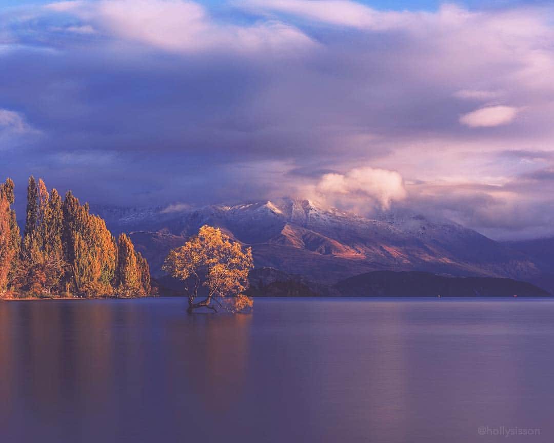 Holly Sissonのインスタグラム：「The snow capped mountains are apparently bare now, so I was lucky when I visited! (I was also lucky that my sister, @monicasisson, won this trip and brought me along!) #thatwanakatree #newzealand #sunrise ~ Canon 5D MkIV + 24–70 f2.8L II @ 70mm f8 30s (See my bio for full camera equipment information plus info on how I process my images. 😊) ~ #pickmotion」