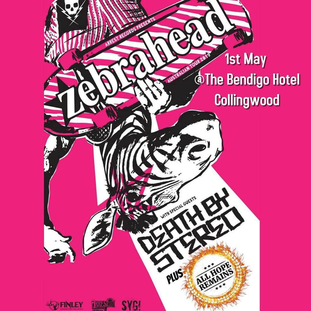 Zebraheadさんのインスタグラム写真 - (ZebraheadInstagram)「This is one of our Melbourne shows at @thebendigo with @deathbystereoband and @all_hope_remains_  Wednesday May 1st! Here are the rest of the Australian shows!  April 24- Crowbar, Brisbane April 25- Vinnie's Dive Bar, Southport  April 26- Hamilton Station, Newcastle  April 27- Narrabeen RSL, Narrabeen  April 28- Crowbar, Sydney April 30- Transit Bar, Canberra May 1- Bendigo Hotel, Melbourne May 2- Crown and Anchor, Adelaide May 3, Bendigo Hotel, Melbourne Click the link in bio for tickets! @arrestrecaust #Zebrahead #braininvaders #deathbystereo #australia #bendigohotel #collingwood」4月17日 15時52分 - zebraheadofficial