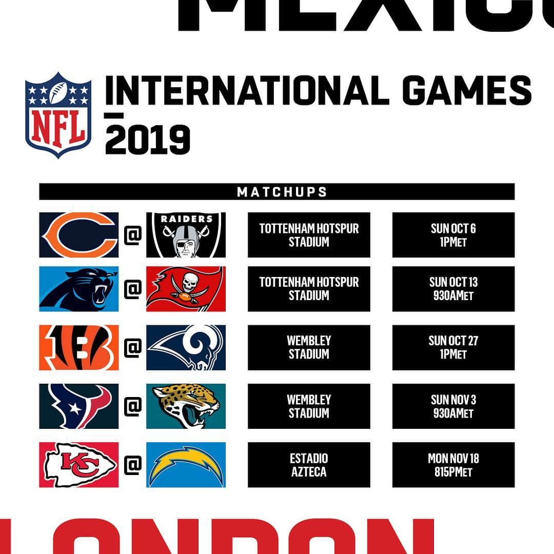 NFLさんのインスタグラム写真 - (NFLInstagram)「All FIVE International Games on the 2019 Schedule! 🇬🇧🇲🇽 @nfluk @nflmx」4月17日 23時00分 - nfl