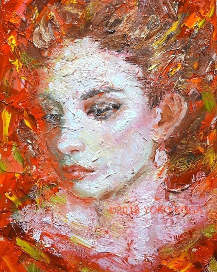 古賀陽子のインスタグラム：「“The Flame” 2018, oil on canvas, 33.4cm×24.3cm "炎" F4号 __________ 🔜 個展: 5月29日(水)〜6月4日(火) @大丸心斎橋店 北館12F 美術画廊  #人物画 #肖像画 #portrait #アート #絵 #gallery #ギャラリー #画家 #artist #painter #portraitartist #painting #art #artwork #油絵 #oilpainting #artstagram #artistoninstagram #instapainting #instajapan #instaart #instaartist #古賀陽子 #yokokoga #exhibition #exhibit #大阪 #個展 #アート好きな人と繋がりたい #ギャラリー巡り」