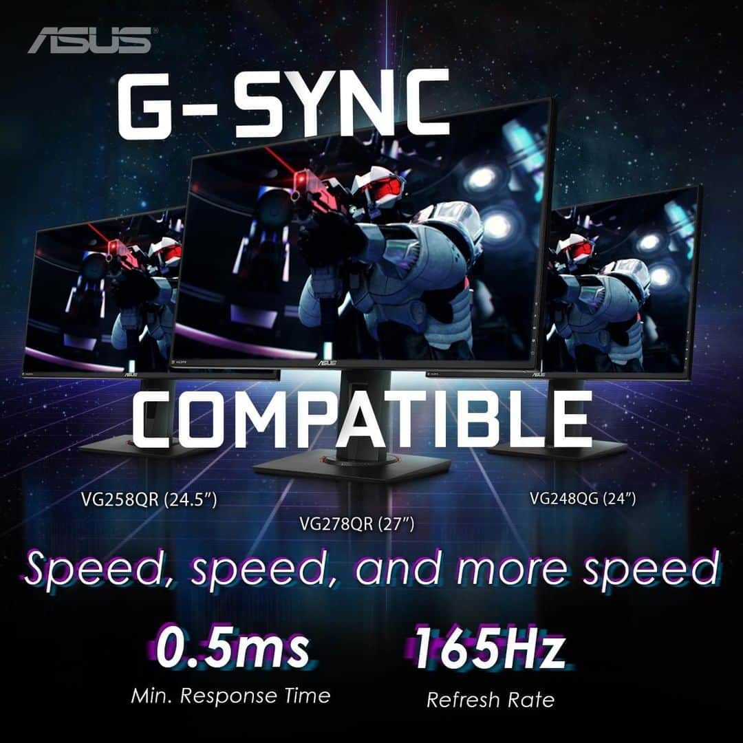ASUSさんのインスタグラム写真 - (ASUSInstagram)「Hey gamers!  Speedy smooth NVIDIA G-SYNC Compatible technology is now freshly compatible on three more gaming monitors all boasting a 165Hz refresh rate and 0.5ms response time.  #ASUS #Gaming #GsyncCompatible」4月17日 21時00分 - asus
