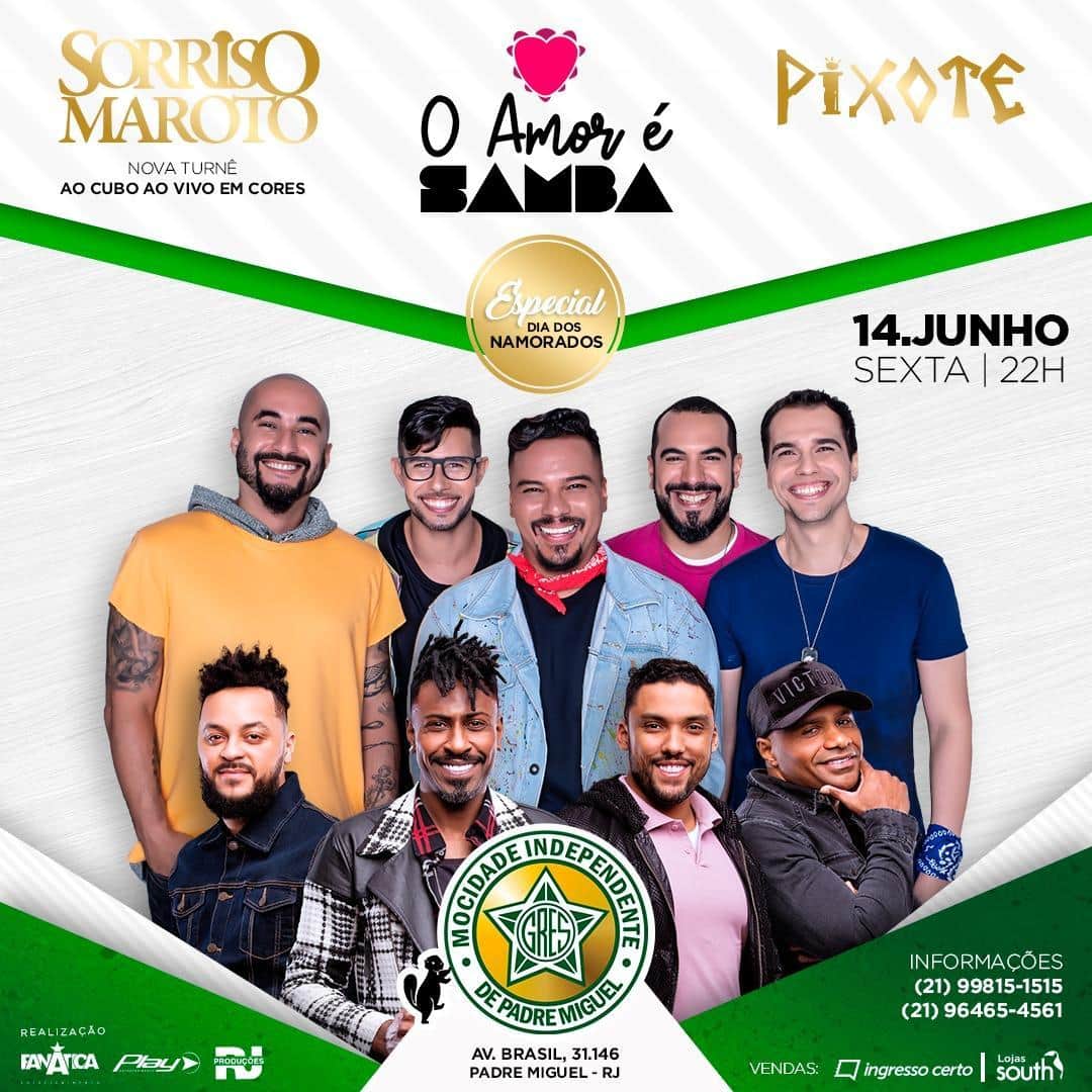 Sorriso Marotoのインスタグラム：「Alô, Riooo! Dia 14/JUN vai rolar aquele pagodinho esperto pra embalar a semana do Dia dos Namorados! 😍 Nós e a rapaziada do PIxote estamos esperando você no #OAmorÉSamba na Quadra da Mocidade pra 2 super shows! Não dá pra perder, hein! Corra pra garantir seu ingresso em lote promocional! 👉🏽🎟 http://bit.ly/AmorESambaMocidade」