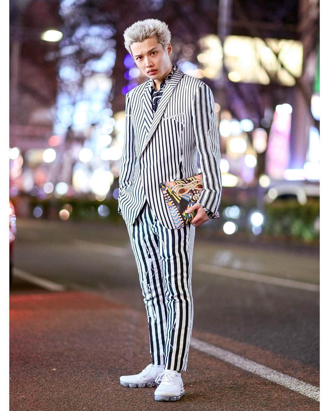 Harajuku Japanさんのインスタグラム写真 - (Harajuku JapanInstagram)「Japanese college student Shun (@madonna.77768) on the street in Harajuku wearing a striped suit by Haider Ackermann with a Versace print button up shirt, Givenchy clutch, and Nike sneakers.」4月18日 0時21分 - tokyofashion