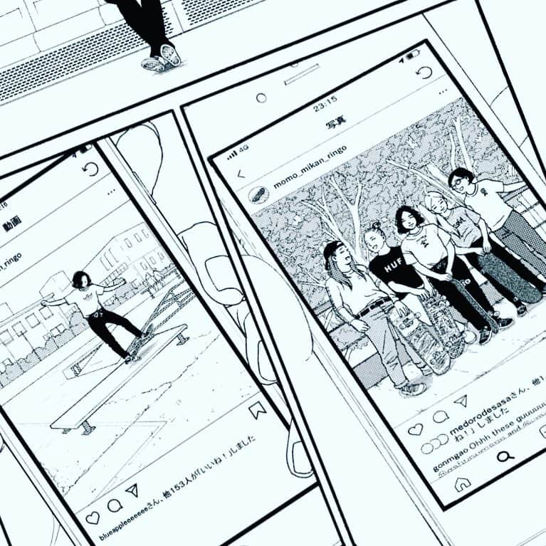 マキヒロチのインスタグラム：「ガールズスケーターを描くのがすごく楽しい。まだスタイルを確立できていないけれど、きっと見つかったら満足度は高いんだろうなあ。 #腐女子のアシスタントさん達が #スケートブランド名を覚えてく」