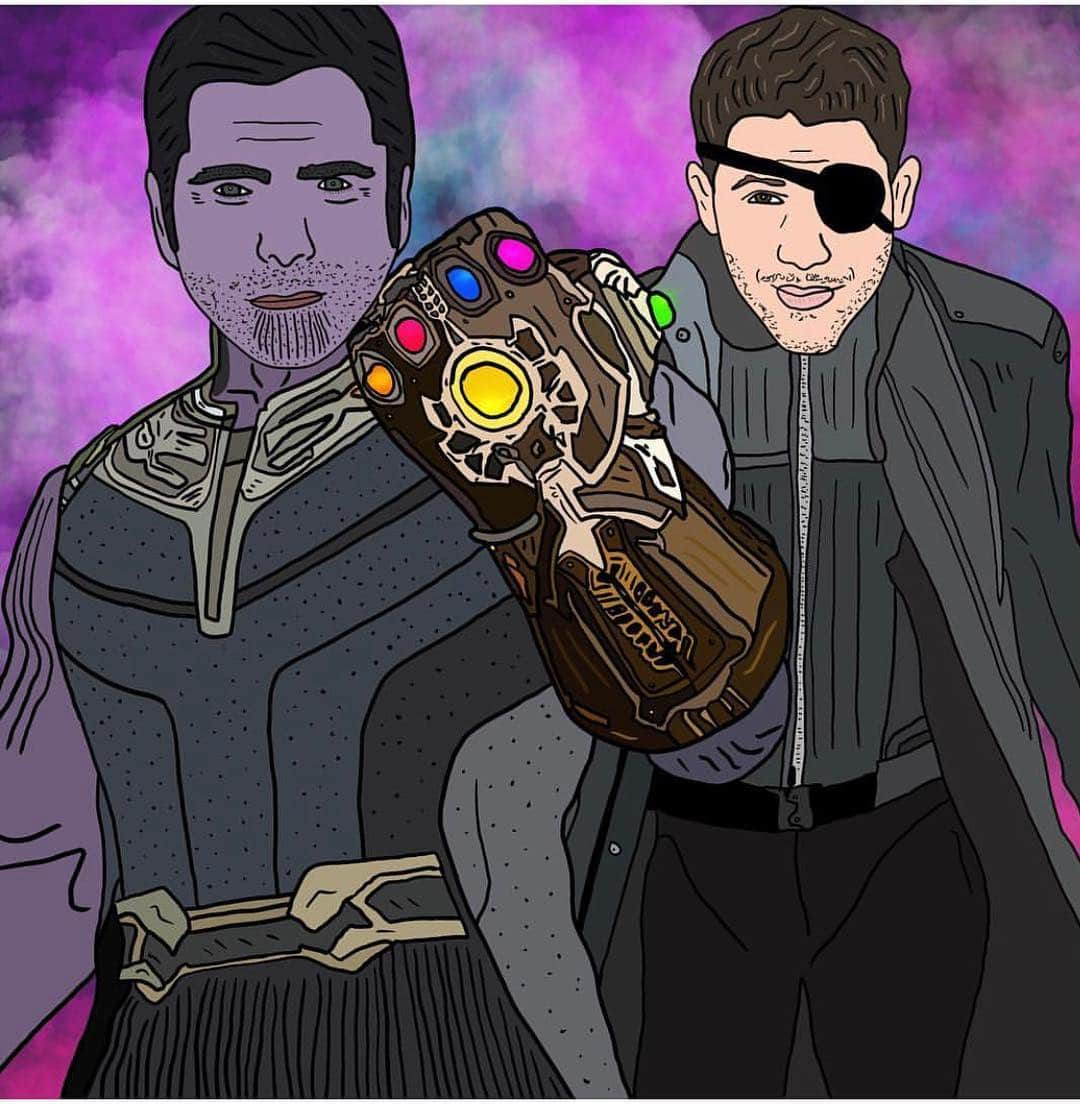 ジョン・ステイモスさんのインスタグラム写真 - (ジョン・ステイモスInstagram)「John Sthanos and Nick Fury Jonas. @iandydraws you're a genius! (follow this guy) Pumped for #Endgame maybe Nick can be my date?」4月18日 2時38分 - johnstamos