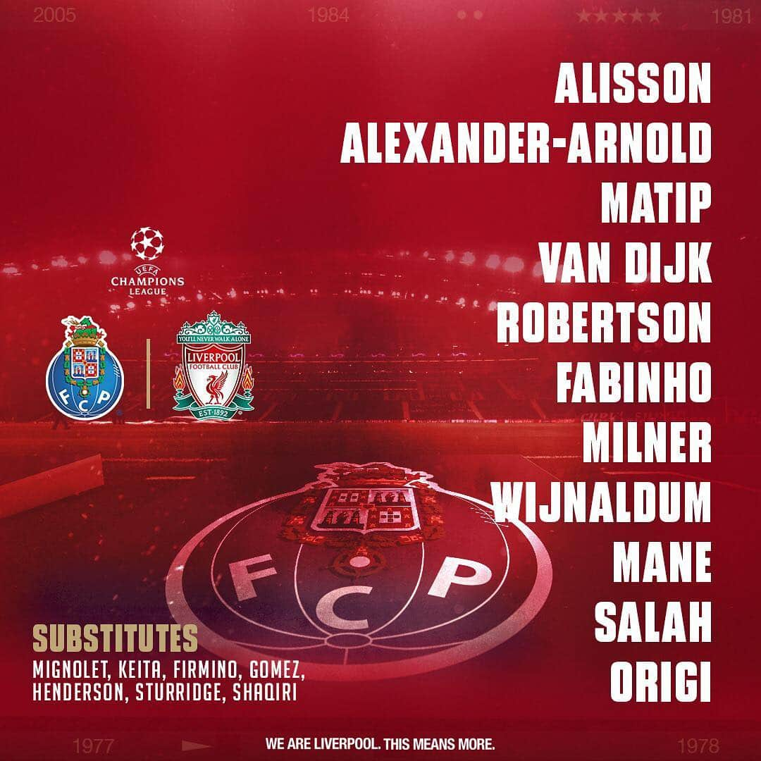 リヴァプールFCさんのインスタグラム写真 - (リヴァプールFCInstagram)「Our #UCL matchday line-up 💪💪 #LFC #LiverpoolFC #ChampionsLeague #PORLIV」4月18日 2時42分 - liverpoolfc