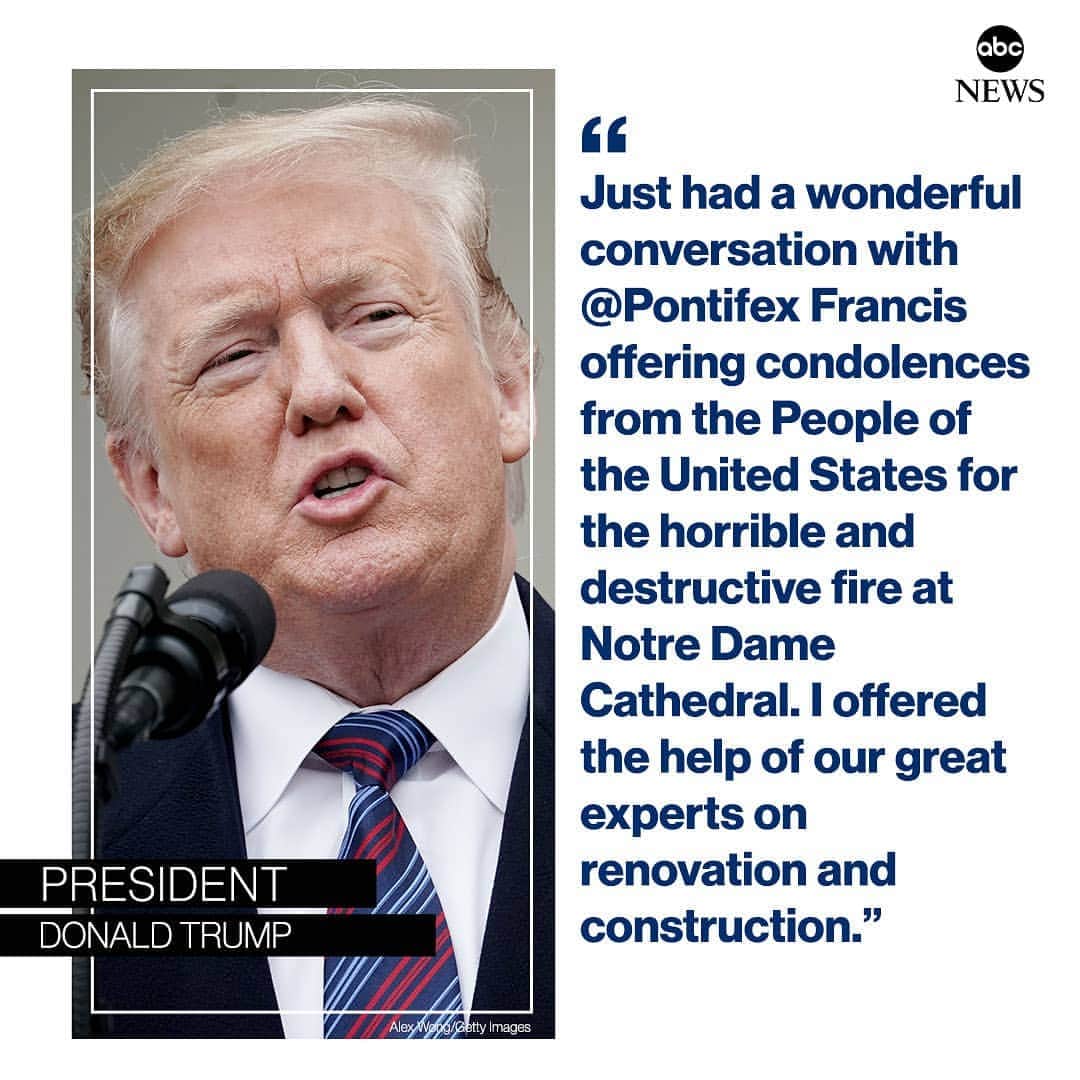 ABC Newsさんのインスタグラム写真 - (ABC NewsInstagram)「Pres. Trump tweets that he spoke to Pope Francis about Notre Dame fire and "offered the help of our great experts on renovation and construction." #donaldtrump #politics #notredame #france」4月18日 3時55分 - abcnews