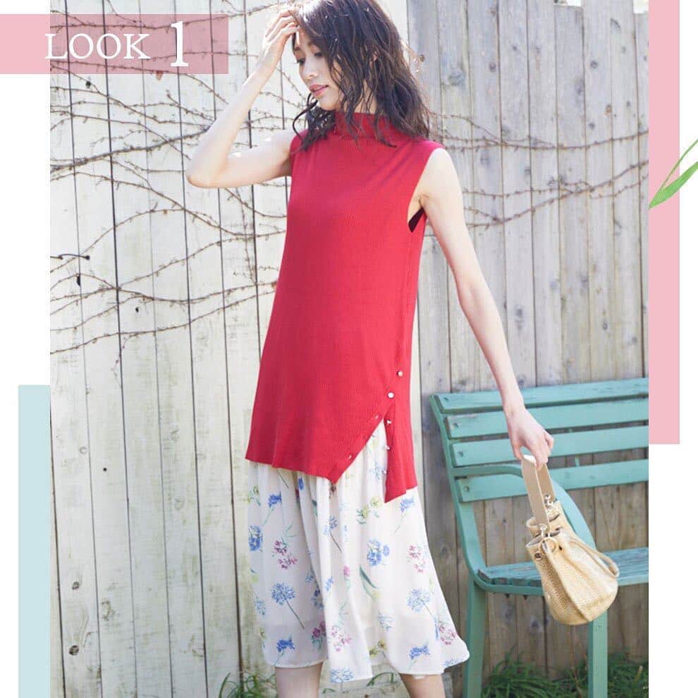 Fabulous Angelaさんのインスタグラム写真 - (Fabulous AngelaInstagram)「現在web catalog 公開中！ オフィシャルオンラインストアAilandでは、期間限定でカタログ掲載アイテムが10%OFFに。是非チェックしてください。 カタログの全ルックは、プロフィールのURLよりご覧頂けます。 . LOOK01/ 2wayボタン付きノースリロングニット ¥5,500＋tax（オフホワイト、オレンジ、レッド、ネイビー） . オリジナルフラワープリントプリーツスカート ¥8,900＋tax（オフホワイト） . #fabulousangela #ファビュラスアンジェラ#新作アイテム#ロングニット#プリーツスカート#2019ss#webカタログ公開中」4月18日 17時22分 - fabulousangela_official