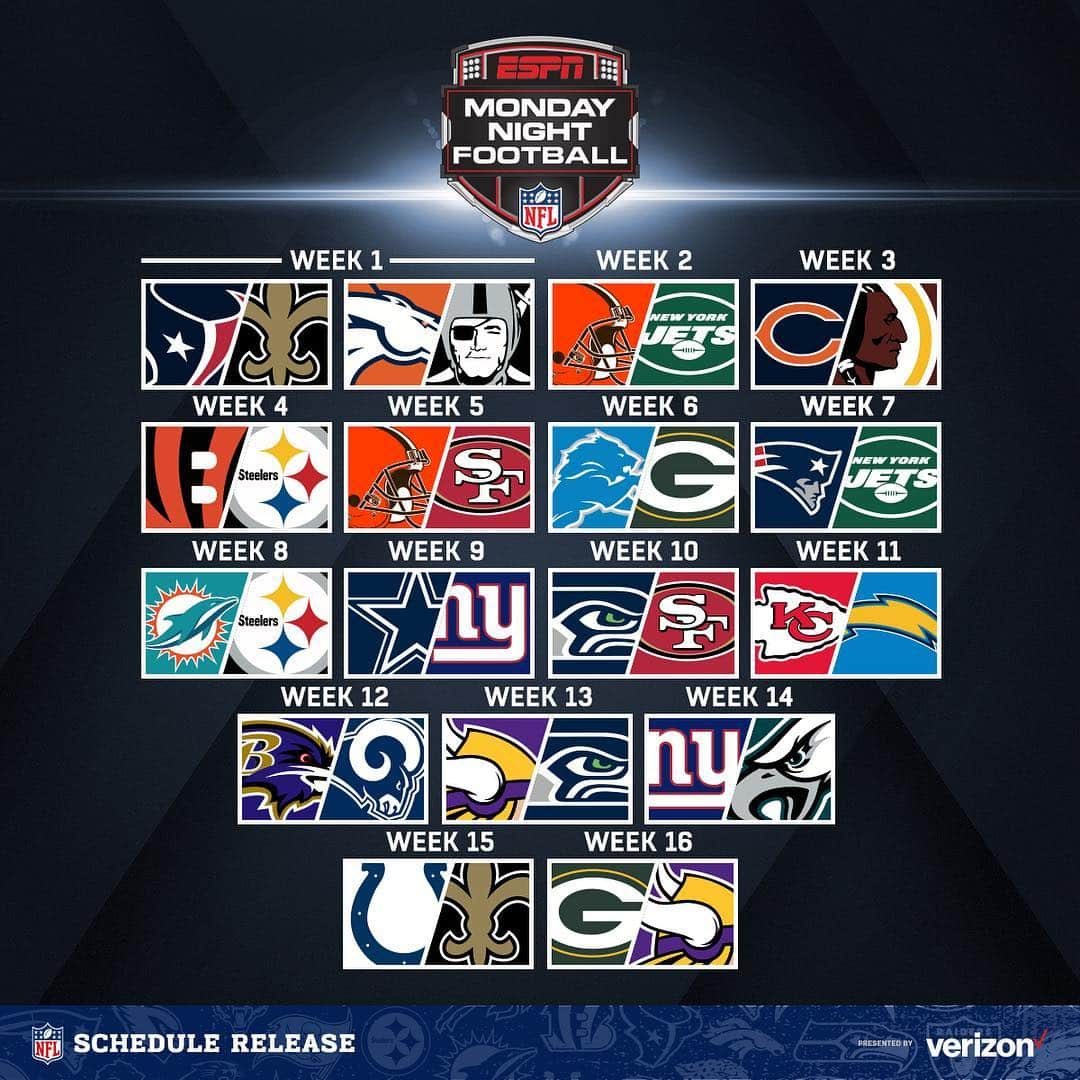 NFLさんのインスタグラム写真 - (NFLInstagram)「🚨 Every Monday Night Football matchup! 🚨 #MNF #NFLScheduleRelease」4月18日 9時42分 - nfl