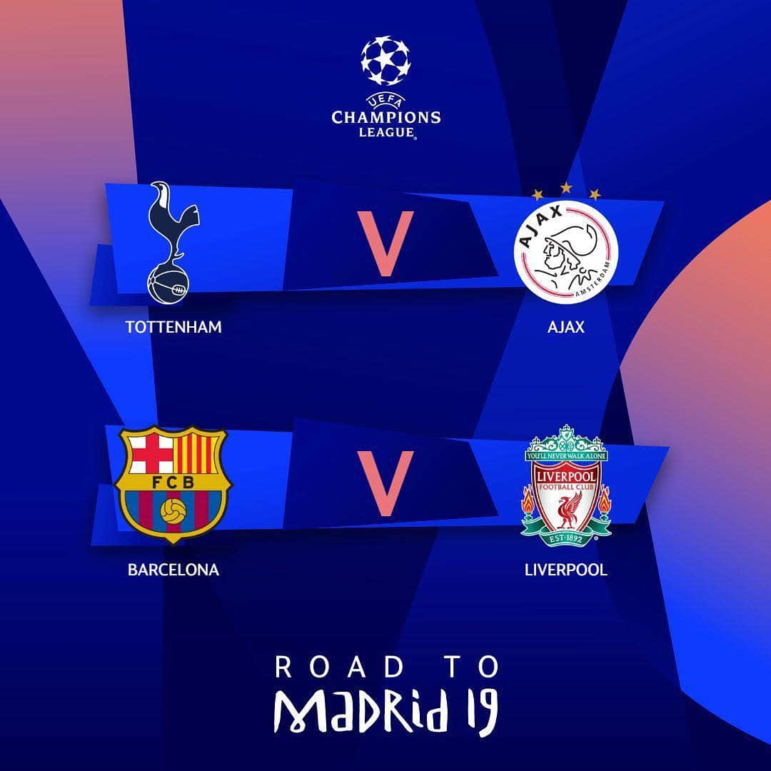 UEFAチャンピオンズリーグさんのインスタグラム写真 - (UEFAチャンピオンズリーグInstagram)「🗓️ SEMI-FINALS 🗓️⁣⁣ ⁣⁣ Tottenham v Ajax⁣⁣ 🏴󠁧󠁢󠁥󠁮󠁧󠁿 Tues 30 April⁣⁣ 🇳🇱 Weds 8 May⁣⁣ ⁣⁣ Barcelona v Liverpool⁣ 🇪🇸 Weds 1 May⁣⁣ 🏴󠁧󠁢󠁥󠁮󠁧󠁿 Tues 7 May」4月18日 18時11分 - championsleague