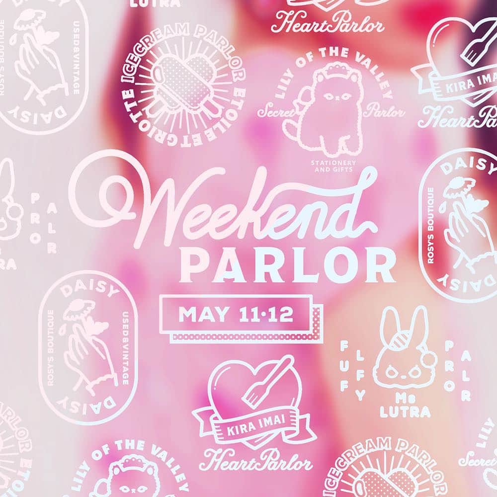 今井キラのインスタグラム：「Weekend PARLOR﻿ 5/11(sat)-12(sun)﻿ HALO space 03(恵比寿駅徒歩5分)﻿ OPEN12:00~CLOSE18:00﻿ ※5/11(sat)12~14時は事前予約制﻿ ﻿ イラストレーターたちが描く架空のパーラーにDAISY(Used&Vintage)が花をそえる2日間だけのスペシャルイベント"Weekend PARLOR"﻿ ﻿ Exhibitors﻿ 今井キラ﻿ Etoile et Griotte﻿ DAISY﻿ Ms LUTRA﻿ LILY OF THE VALLEY﻿ ﻿ とっておきのアイテムをご用意して皆様のお越しをお待ちしております。﻿ ﻿ 🍨🍨🍨﻿ ※ご来場に際してのお願い事項﻿ お会計は現金のみ、ブランドごとに別々となります。一部商品に購入制限がかかる場合がありますのでそれぞれのブランドSNS等をご確認ください。混雑した場合お並びお待ちいただく可能性がございます。予めご了承ください。トラブル防止のためお取り置きは不可とさせていただきます。﻿ ﻿ ※5/11(sat)12~14時の事前予約について﻿ 初日オープン時の混雑緩和のため、5/11(土)12〜14時は事前ご予約をされた方のみをご案内いたします。ご予約は4/27(土)正午よりPassMarketにて受付いたします。30分入れ替え制でご予約時にお時間をお選び頂けます。※事前予約は商品のお買い上げを確約するものではありません。ご案内可能人数に限りがございますので早期ご予約終了の際はご容赦ください。入場は事前予約されたご本人様１名のみとさせていただきます。﻿ ﻿ 🎪🎪🎪﻿ HALO space 03﻿ 〒150-0013　東京都渋谷区恵比寿1-23-21　ヤマトハイツ1F﻿ （恵比寿駅徒歩5分）﻿ ﻿ #weekendparlor」