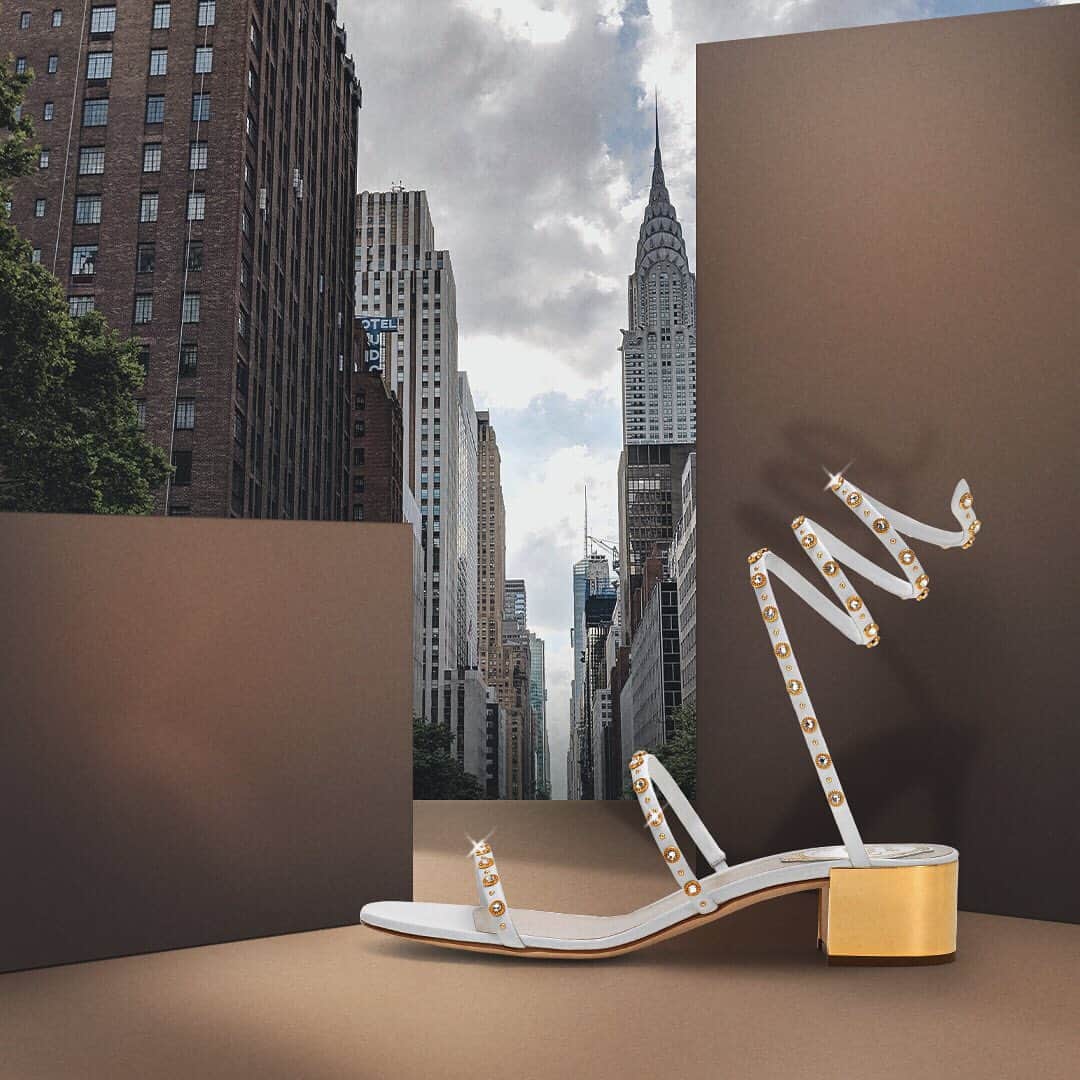 のインスタグラム：「#HeelsAndTheCity . #WhiteIsTheNewBlack - #CaovillaCLEO BORCHIA 40mm , #Nude or #White with Golden Strass stud, specially created by @Swarovski exclusive to #ReneCaovilla . Swipe to view more - Int’l complimentary shipping with T&D inclusive . . . . . . #CityVibes #NYC #WhiteHeels #NudeHeels #NYCWedding #WeddingShoes #Swarovski」