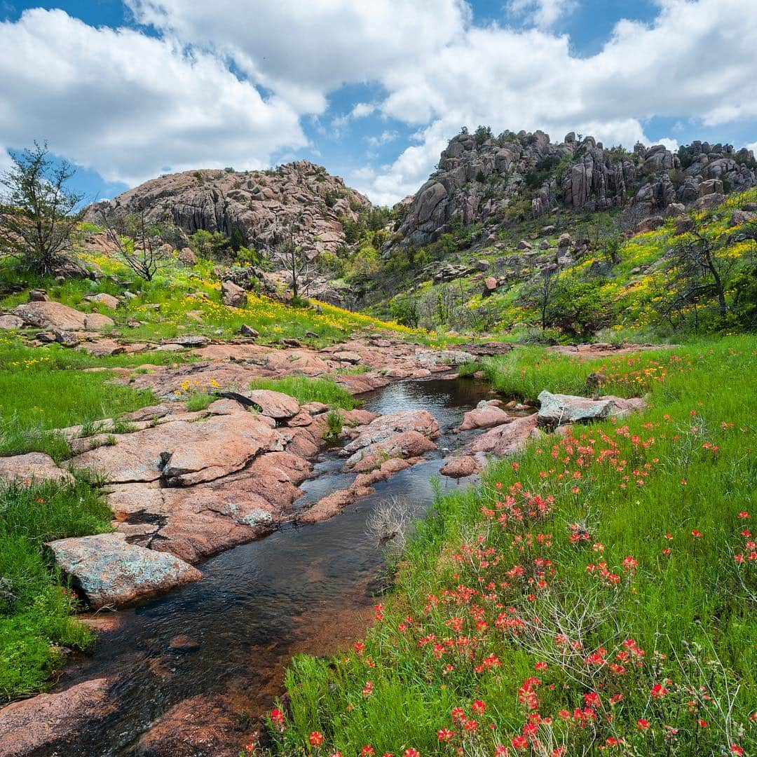 アメリカ内務省さんのインスタグラム写真 - (アメリカ内務省Instagram)「Follow the creek decorated with Indian paintbrush up through Charon's Garden Wilderness at Wichita Mountains National #WildlifeRefuge in #Oklahoma. The refuge has over 15 miles of trails -- taking you through scenic rocky outcrops, beautiful mixed-grass prairie and scrub oak forest. With 8,570 acres of designated wilderness, the refuge offers backcountry #camping by permit in certain portions of the Charon's Garden #Wilderness Area. Photo by Steven Hunter (www.sharetheexperience.org). #usinterior #travel」4月19日 0時24分 - usinterior