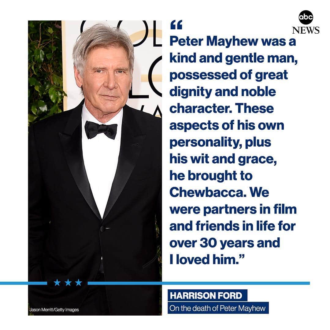 ABC Newsさんのインスタグラム写真 - (ABC NewsInstagram)「"We were partners in film and friends in life for over 30 years and I loved him." Harrison Ford pays tribute to Chewbacca actor Peter Mayhew who has died at age 74. #starwars #chewbacca #rip #petermayhew #hansolo #harrisonford」5月3日 19時45分 - abcnews