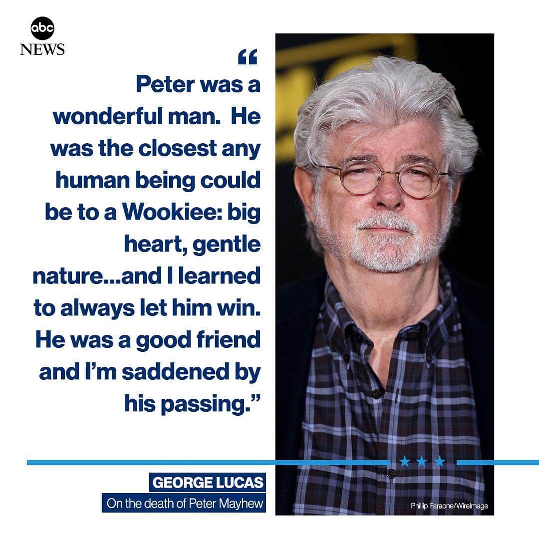 ABC Newsさんのインスタグラム写真 - (ABC NewsInstagram)「'Star Wars' creator George Lucas on the death of Chewbacca actor Peter Mayhew: "He was the closest any human being could be to a Wookiee: big heart, gentle nature" #rip #chewbacca #starwars #petermayhew」5月3日 12時05分 - abcnews