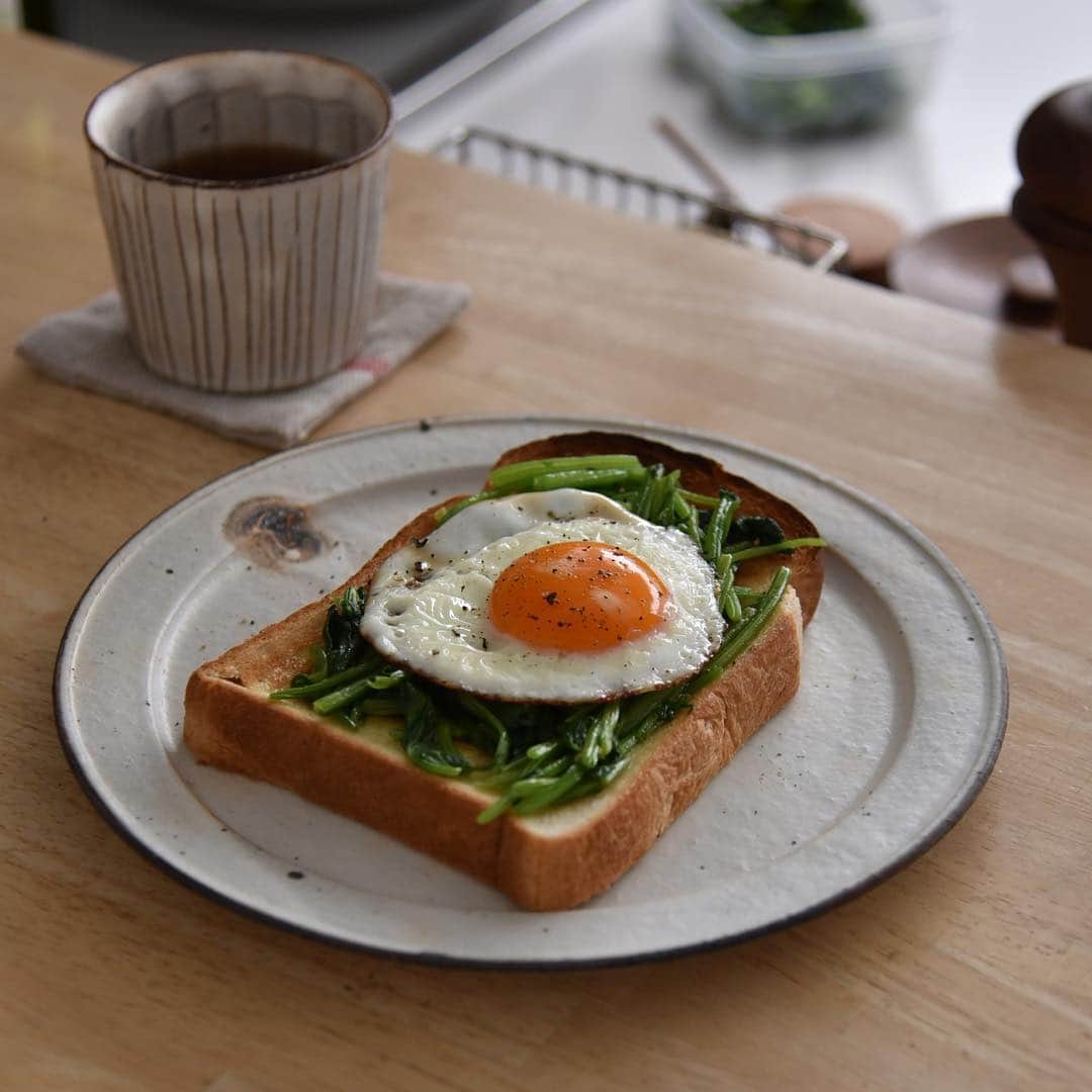 めがねとかもめと北欧暮らしさんのインスタグラム写真 - (めがねとかもめと北欧暮らしInstagram)「ほうれん草エッグトースト🥚 ・ 今朝は頂き物のほうれん草をたっぷり使った簡単トースト😋 ・ 夜のうちにほうれん草をバター炒めにしておいたので、5分で完成！👍 ・ 美味しく野菜が採れる最後な朝食でした😊 ・ GWもそろそろ終わりますが、やっぱり食事の支度が大変でした〜😭 ・ ラクする私なりの工夫をブログでご紹介しています。 @mi1341 ←プロフィールのURLからブログへ飛べます✨ ・ 是非ご覧頂けたら嬉しいです。 ・ #めがねとかもめと北欧暮らし#朝のせごはん#朝ごはん#朝食#簡単ごはん#簡単レシピ#トースト#ラピュタパン#トーストアレンジ ・」5月3日 18時43分 - mi1341