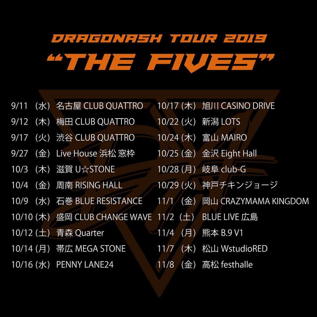 Dragon Ashさんのインスタグラム写真 - (Dragon AshInstagram)「DRAGONASH TOUR 2019 “THE FIVES” / “THE SEVENS”  2019年9月11日から開催決定❗️ “THE FIVES”は、Kj、桜井誠、BOTS、HIROKI、KenKenの5人のユニットで行うライブ  http://www.dragonash.co.jp/」4月19日 12時00分 - dragonash_official