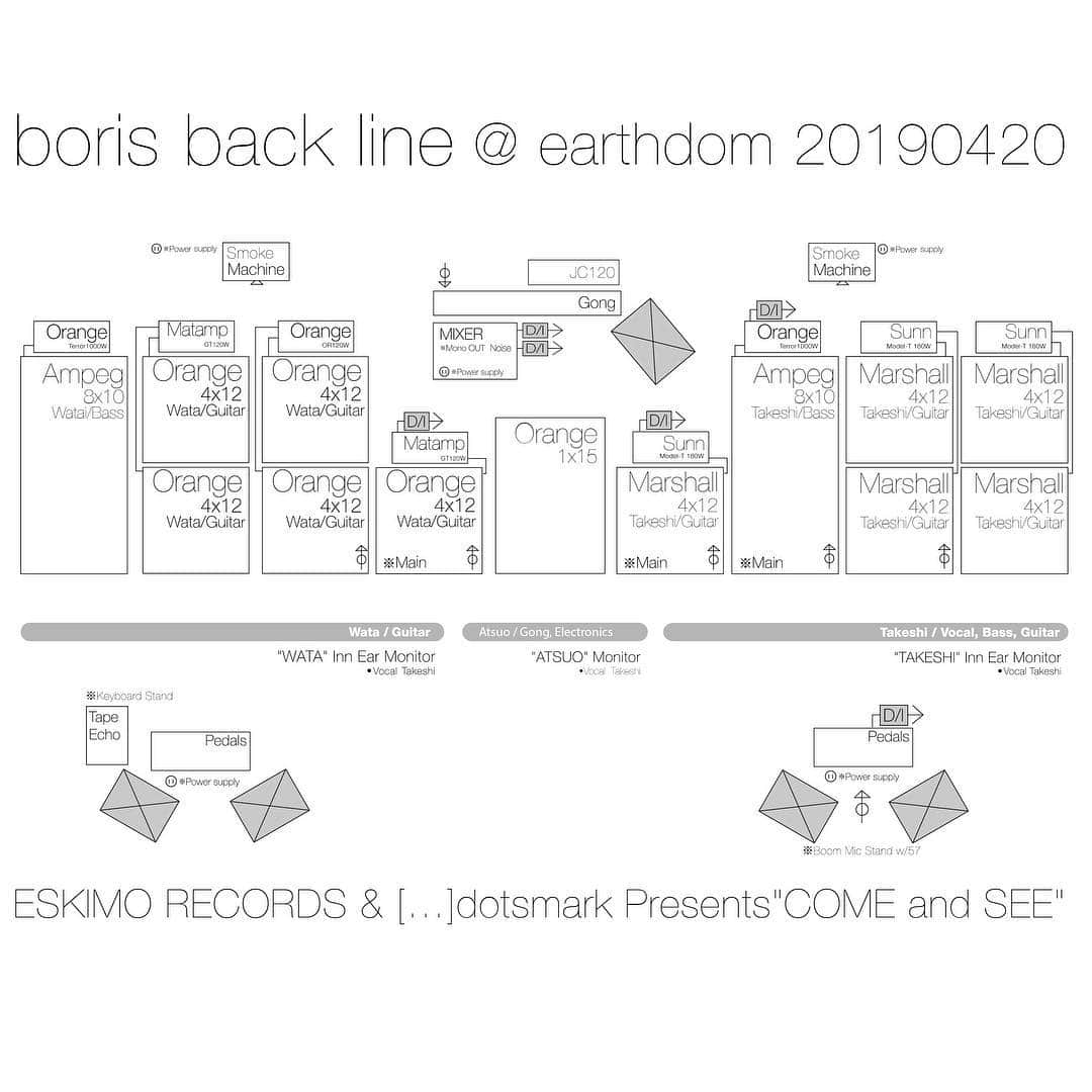 BORISさんのインスタグラム写真 - (BORISInstagram)「See you guys tomorrow. Special low frequency loud bath.  明日です。 オリジナルイヤープラグ(耳栓)も物販で販売しております。  #borisheavyrocks #borisdronevil #山崎マゾ #GRIM #アースダム "COME and SEE" 2019.4.20(Sat) at 新大久保EARTHDOM ・CONTROLLED DEATH (darkside project of MASONNA) ・GRIM ・boris(drone set)+rokapenis  DJ: SatosicK  Open / Start 18:00 Adv ¥2500 / Door ¥3000  Presented by ESKIMO RECORDS & […]dotsmark」4月19日 19時20分 - borisdronevil