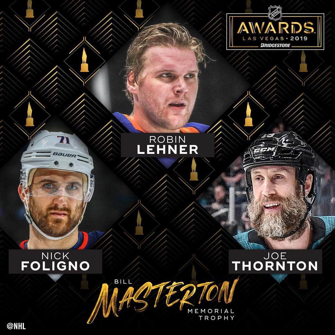 NHLさんのインスタグラム写真 - (NHLInstagram)「The finalists for the Bill Masterton Memorial Trophy for perseverance and dedication to hockey are here! Congratulations to Nick Foligno, @robinlehner40 and Joe Thornton. 👏 #NHLAwards presented by @bridgestonetires」4月20日 0時08分 - nhl