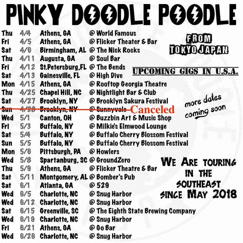 PINKY DOODLE POODLEさんのインスタグラム写真 - (PINKY DOODLE POODLEInstagram)「Sorry, our show @ Sunnyvale in Brooklyn,NY in Apr 28 was canceled. It’s really too bad as we were looking forward to performing there. . . #pinkydoodlepoodle  #pdp  #ustour2019  #highenergyrocknroll  #livemusic #rockmusic #rock #rockband  #japanese  #ustour #livetour  #tourlife #musicianlife #musician #gibsonguitars #gibsonbass #gibson #eb3 #lespaul #marshallamps #vintage #femalebassist #femalevocalist #アメリカ #海外旅行 #音楽」4月20日 3時43分 - pinkydoodlepoodle