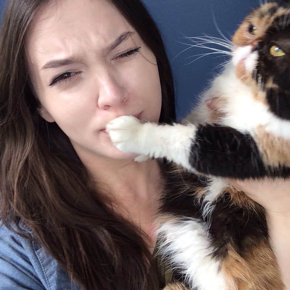Pudgeさんのインスタグラム写真 - (PudgeInstagram)「Today is #NationalCatLadyDay 😸 Swipe to see Pudge reluctantly take a selfie with me. 😾 I grew up with dogs and one day decided I wanted a cat. Pudge is the first cat I’ve ever had and she’s forever turned me into a cat lady. 💕」4月20日 4時17分 - pudgethecat
