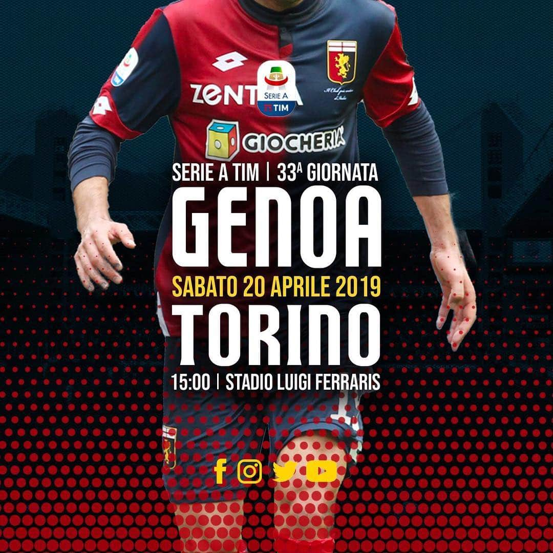 ジェノアCFCさんのインスタグラム写真 - (ジェノアCFCInstagram)「👊 MATCH DAY! 🏆 Lega Serie A 🆚 Torino Football Club 🗓️ Sabato 20 aprile ⏲️ Ore 15:00 🏟️ Stadio Luigi Ferraris 📲 Segui la partita sui nostri canali social ➡️ #GenoaTorino 🔴🔵 #ForzaGenoa」4月20日 16時01分 - genoacfc