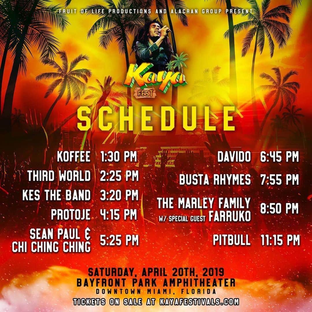 ボブ・マーリーさんのインスタグラム写真 - (ボブ・マーリーInstagram)「Tomorrow schedule @thekayafest in Miami’s Bayfront Park Amphitheater! We’ll see you there ✌🏽 #kayafest #lineup . 🎟: kayafestivals.com」4月20日 7時08分 - bobmarley