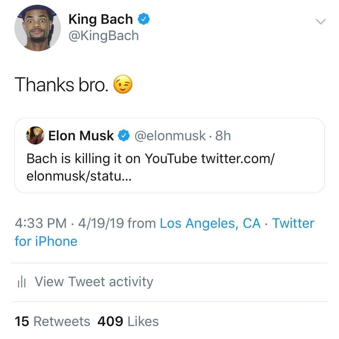 King Bachさんのインスタグラム写真 - (King BachInstagram)「Elon is a fan no big deal」4月20日 16時36分 - kingbach
