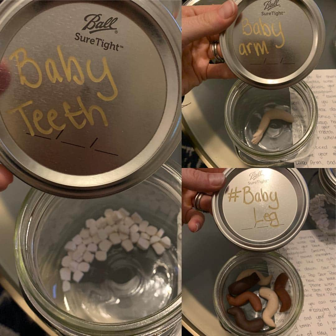 イリザ・シュレシンガーさんのインスタグラム写真 - (イリザ・シュレシンガーInstagram)「My goodness. @ihaveflaws made me little jars (for the record? I don’t think any art a fan makes is creepy, I’ve literally never been creeped out once by anything. Specific expressions are what make my fans unique and I treasure all of it!) of #babyleg #babyarm and, because of what I call it when I have like 100 insta stories in a day, my #babyteeth - what a reference! Ooo a giant #spk and a bag of #spk too. ❤️❤️❤️❤️❤️❤️❤️❤️ thank you Emily!」4月21日 2時02分 - ilizas